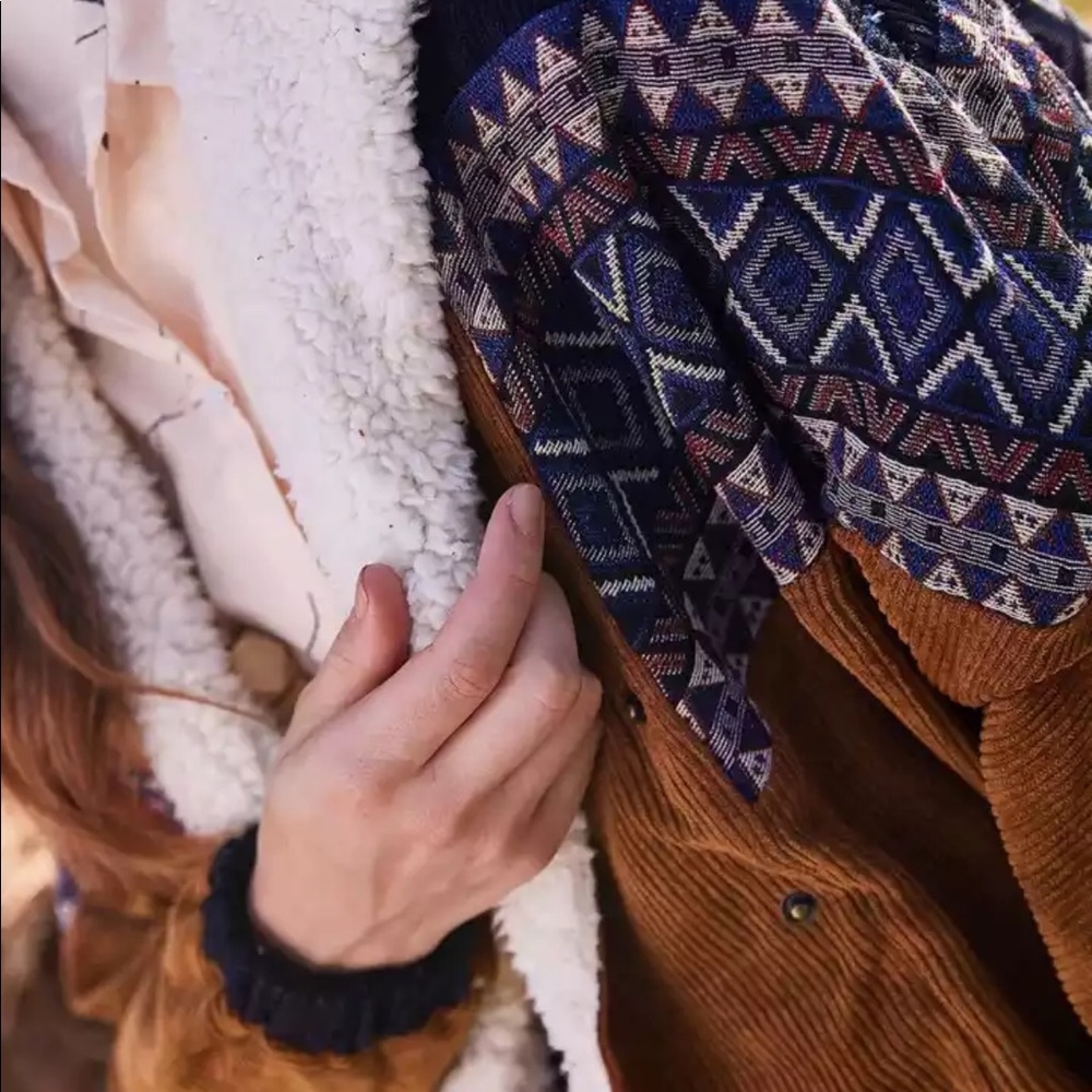 Boho corduroy embroidered shearling jacket brown - Picture 3 of 5